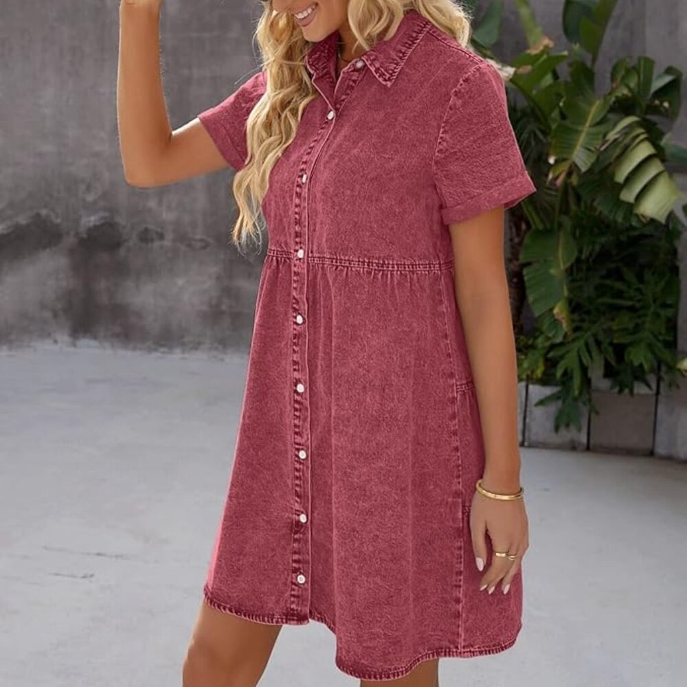 Denim Button Down Short Sleeve Shirt Dress